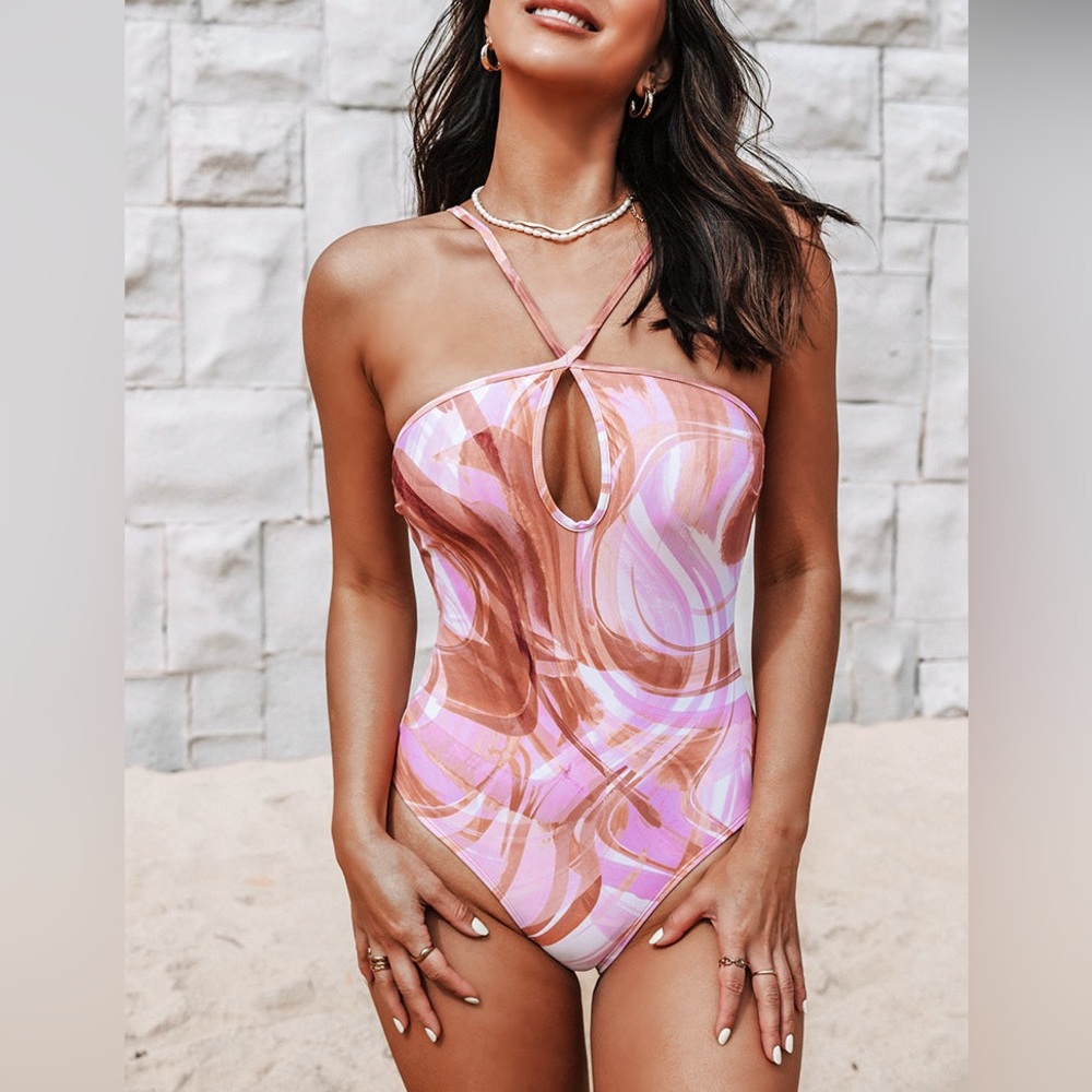 🆕Cupshe One Piece Swimsuit Womens Large Bandeau Retro Print Bathing Suit NEW NWT